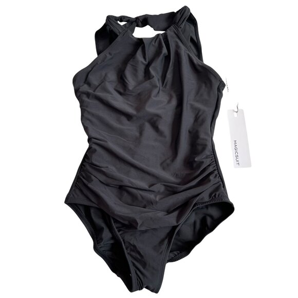 Magicsuit Amelia one piece swimsuit Size 8 black high neck bow keyhole swim